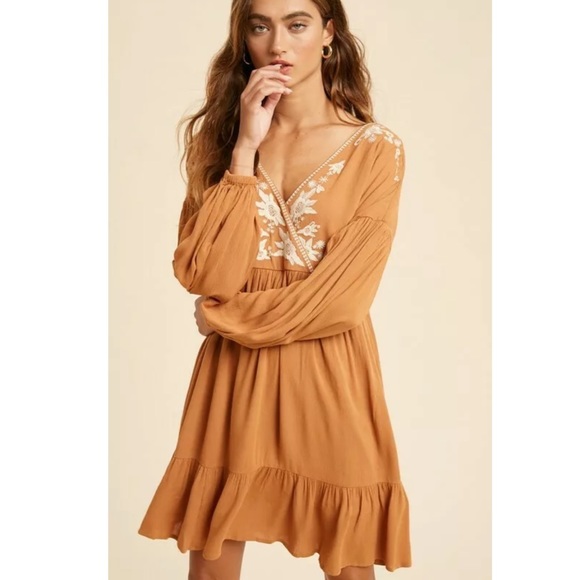 Earthen Embroidered Floral Ruffle Wrap Mini Dress - Picture 3 of 9